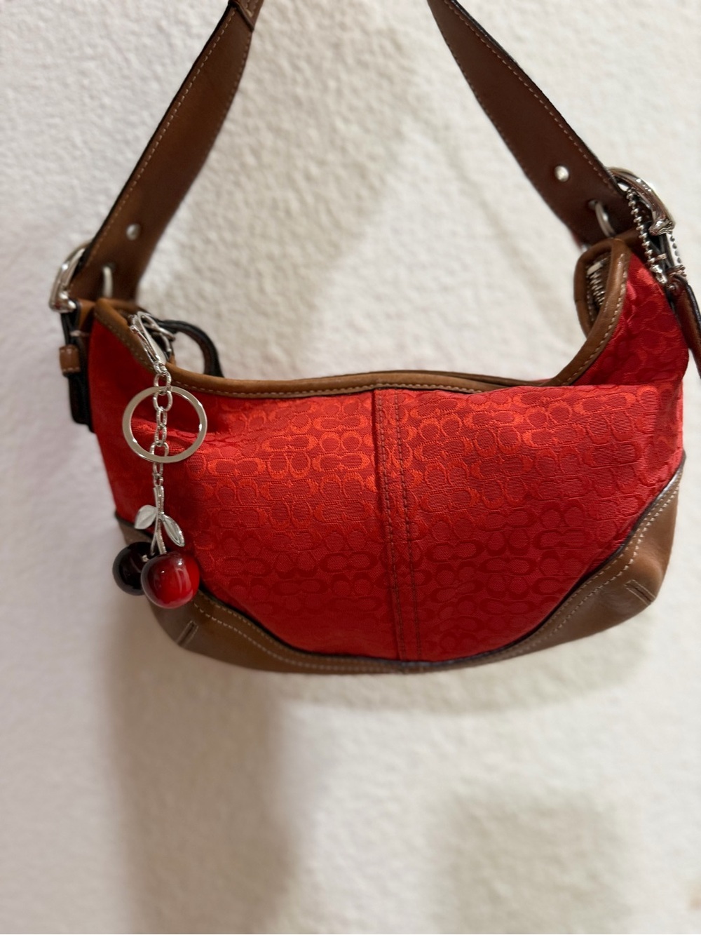 Coach Red Signature Jacquard Shoulder Bag with Brown Leather Trim